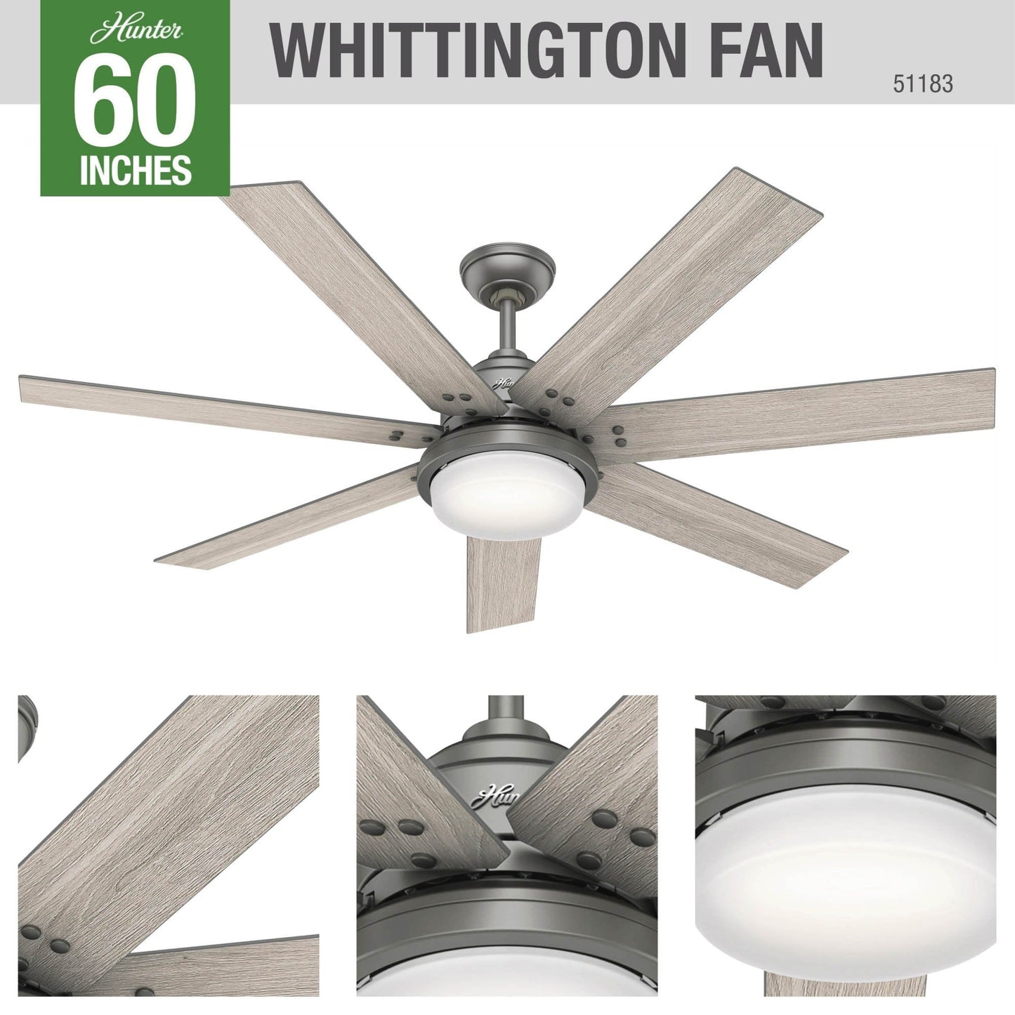 Ventilateur de plafond Hunter Whittington avec éclairage LED et télécommande - Style moulin à vent - Industriel, rustique, style farmhouse - VENTILATEUR INTELLIGENT !