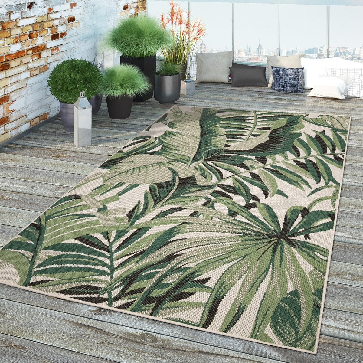 In- & Outdoor Rug Tropical Palm Leaf Design for Patio in Green Beige