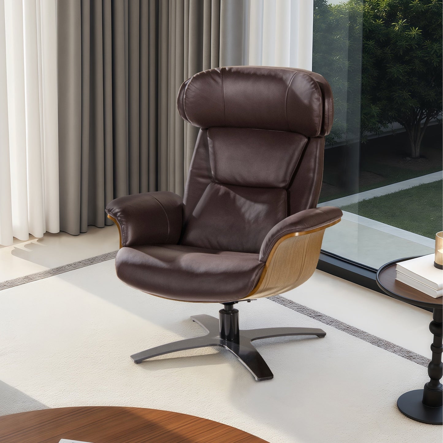 Fauteuil inclinable de salon Jovan en cuir véritable avec structure en bois courbé de 31,5 pouces