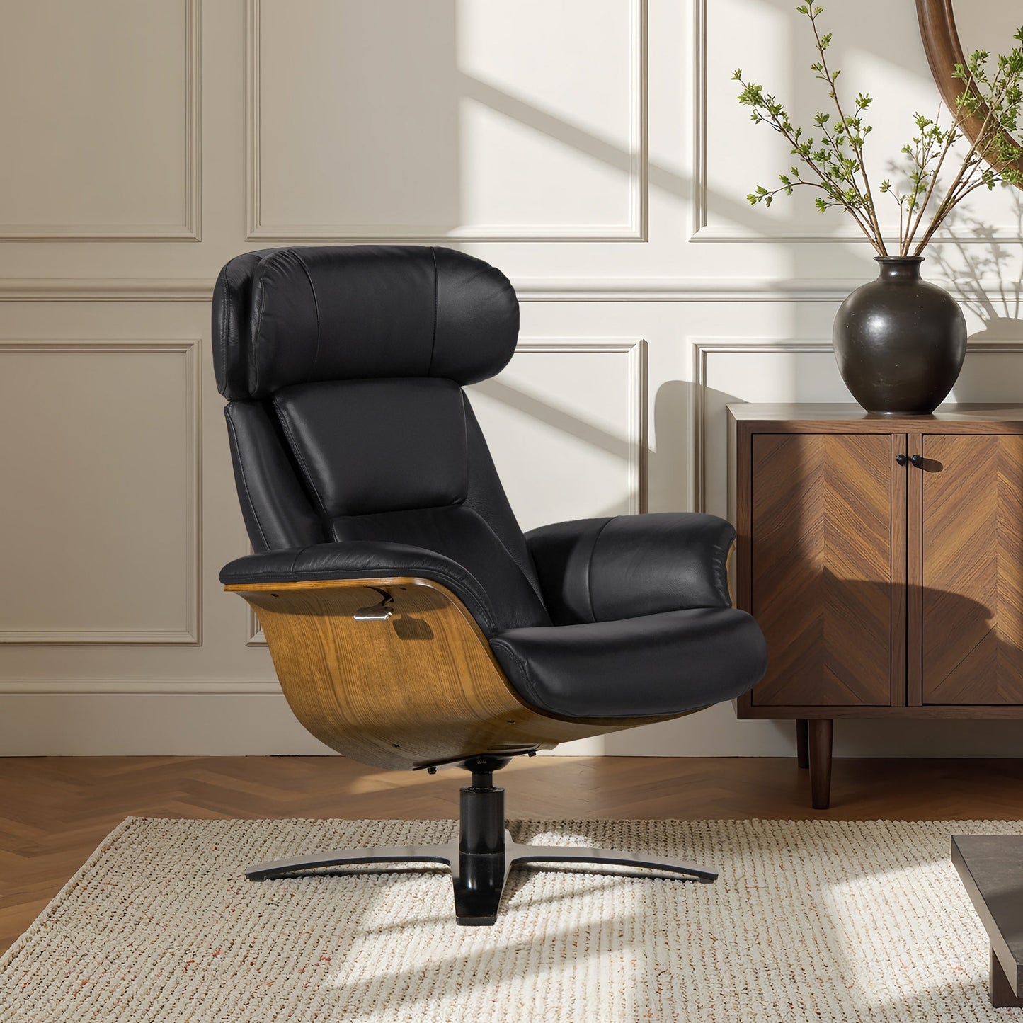 Fauteuil inclinable de salon Jovan en cuir véritable avec structure en bois courbé de 31,5 pouces