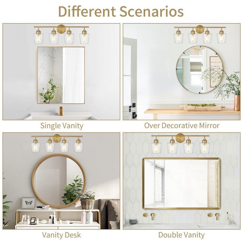 KAWOTI Lustre de salle de bain en métal à 4 lumières avec abat-jour en verre, à intensité variable