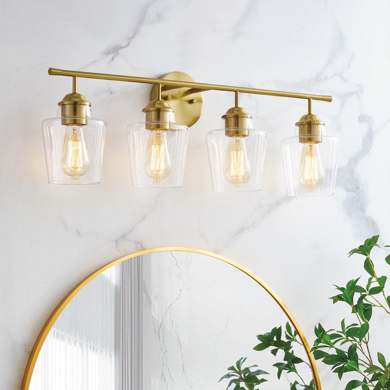 KAWOTI Lustre de salle de bain en métal à 4 lumières avec abat-jour en verre, à intensité variable