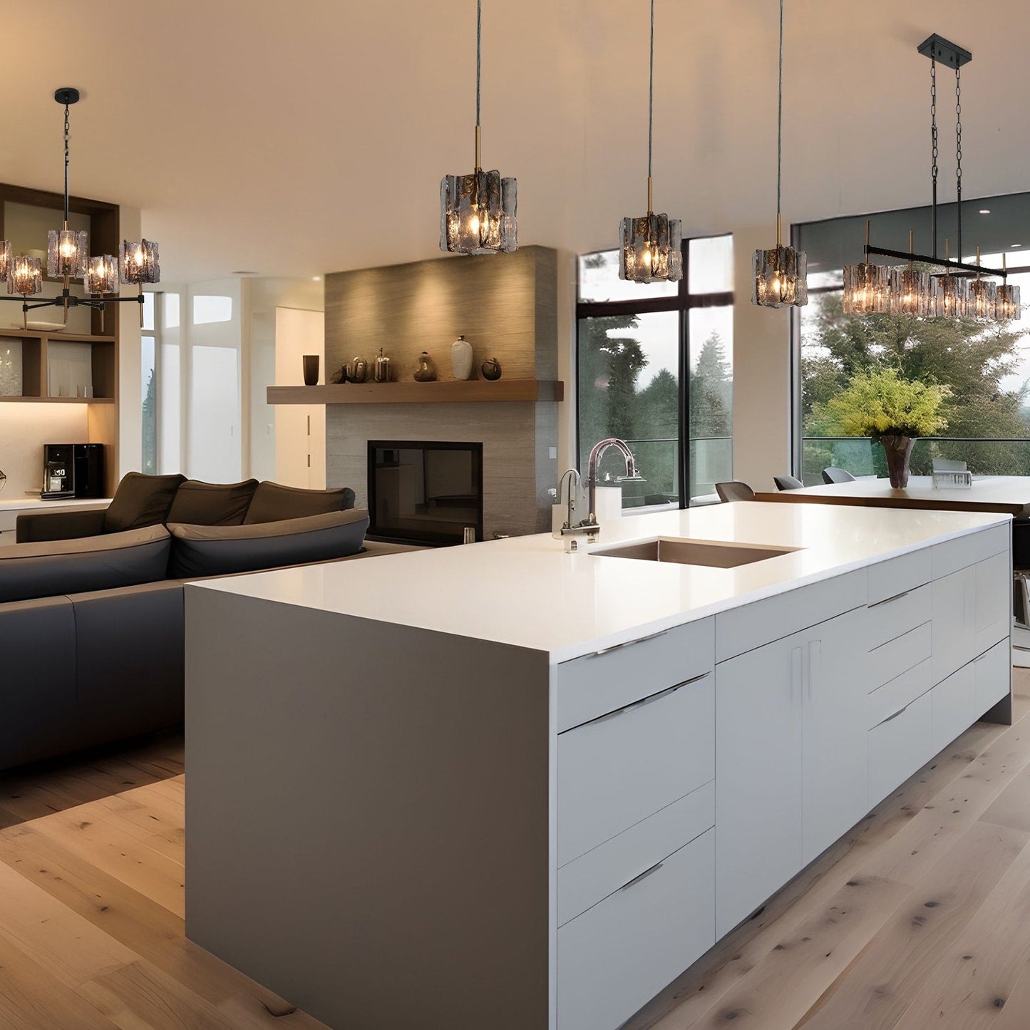 Luminaire suspendu linéaire moderne Kasy à 5 lumières, verre texturé, design unique, idéal pour îlot de cuisine.