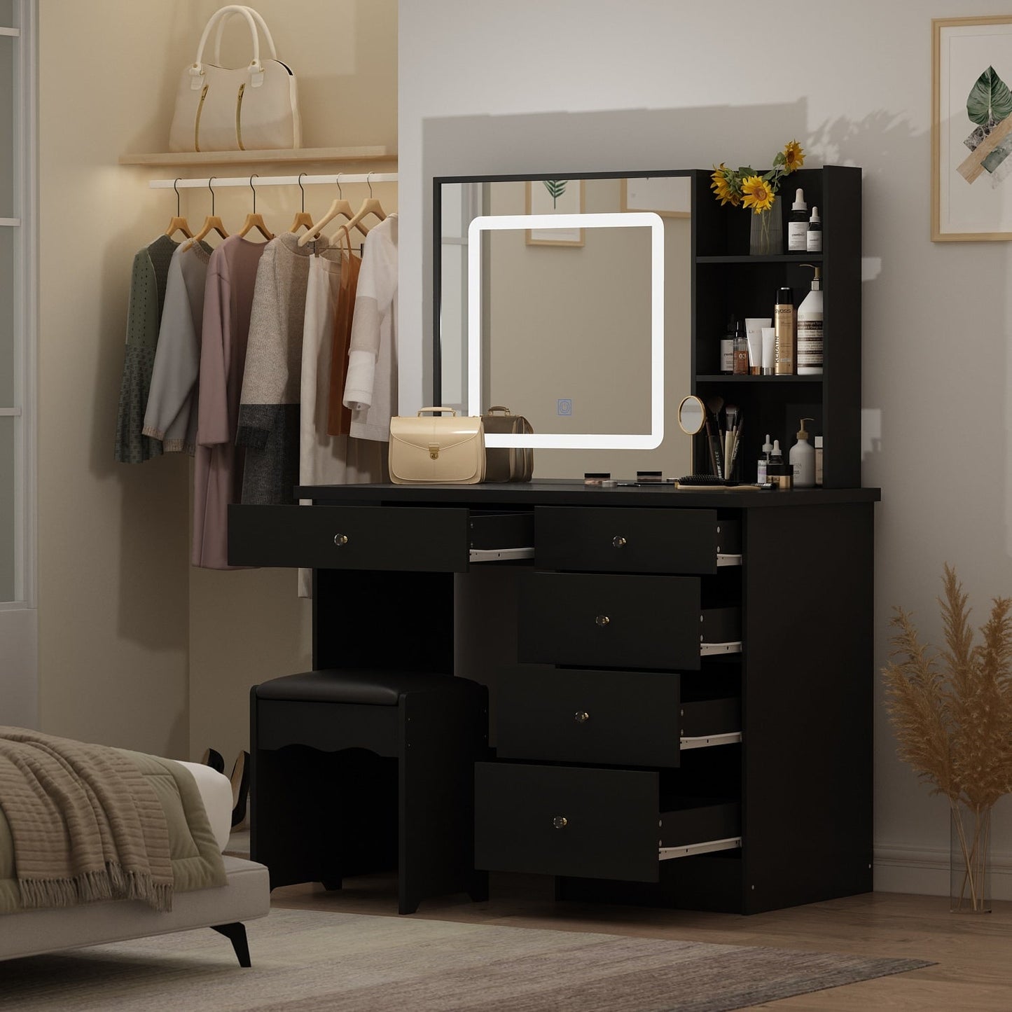 Ensemble de coiffeuse de maquillage Kerrogee avec miroir éclairé réglable et tabouret - 39,4L x 19,7l x 53,5H