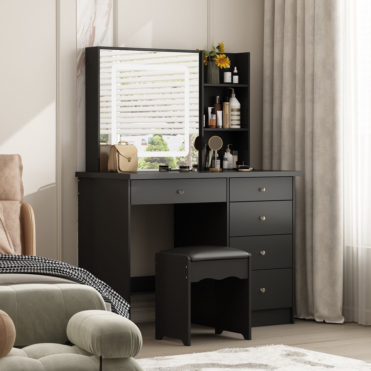 Ensemble de coiffeuse de maquillage Kerrogee avec miroir éclairé réglable et tabouret - 39,4L x 19,7l x 53,5H