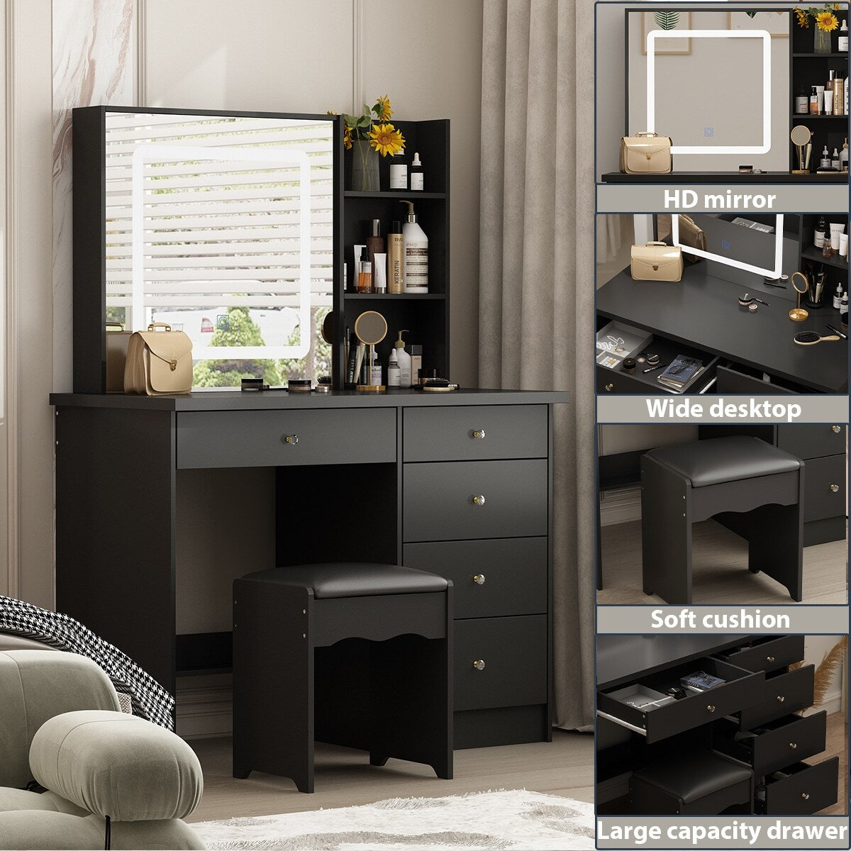 Ensemble de coiffeuse de maquillage Kerrogee avec miroir éclairé réglable et tabouret - 39,4L x 19,7l x 53,5H