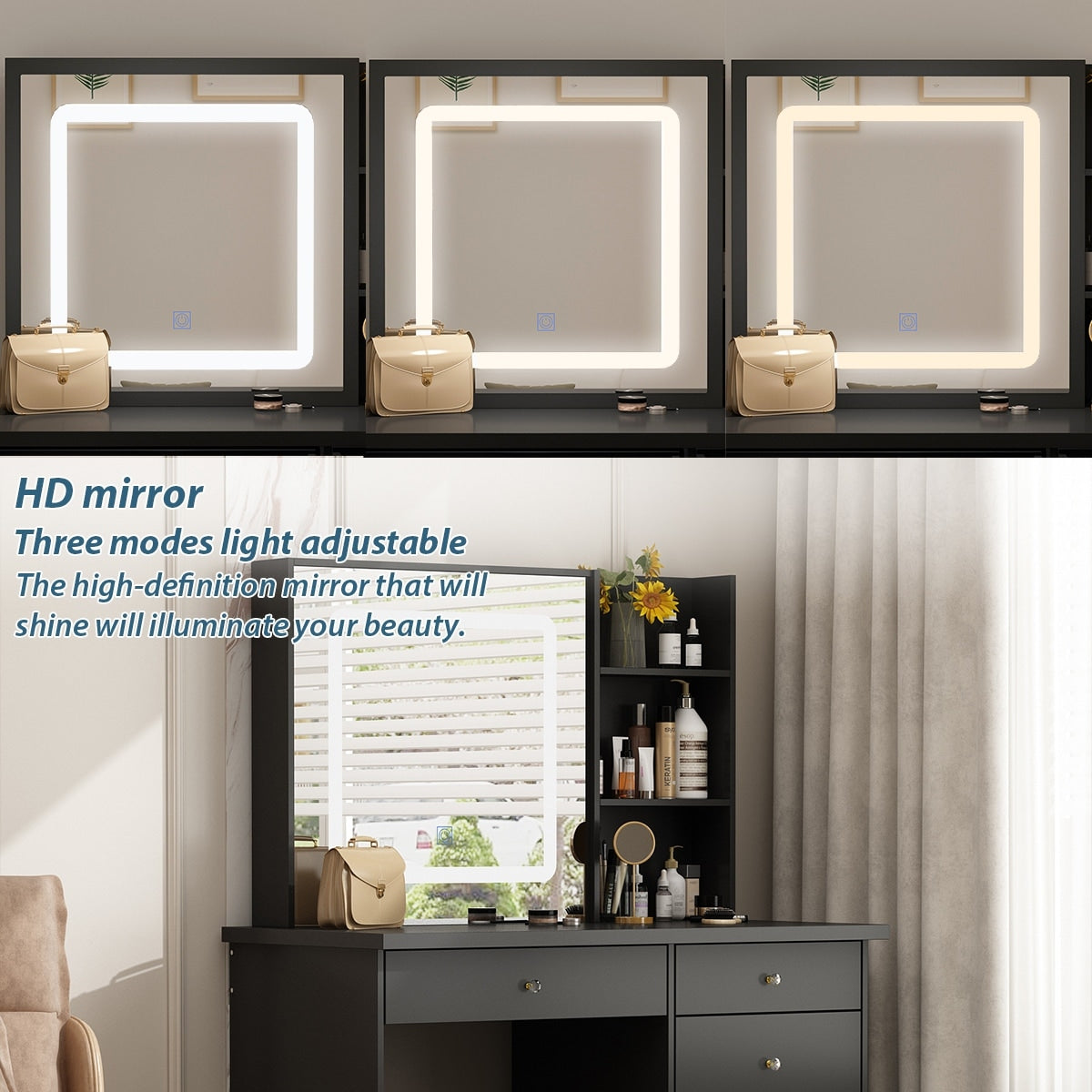 Ensemble de coiffeuse de maquillage Kerrogee avec miroir éclairé réglable et tabouret - 39,4L x 19,7l x 53,5H