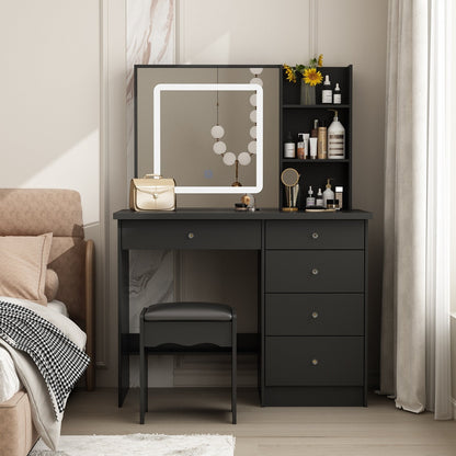 Ensemble de coiffeuse de maquillage Kerrogee avec miroir éclairé réglable et tabouret - 39,4L x 19,7l x 53,5H