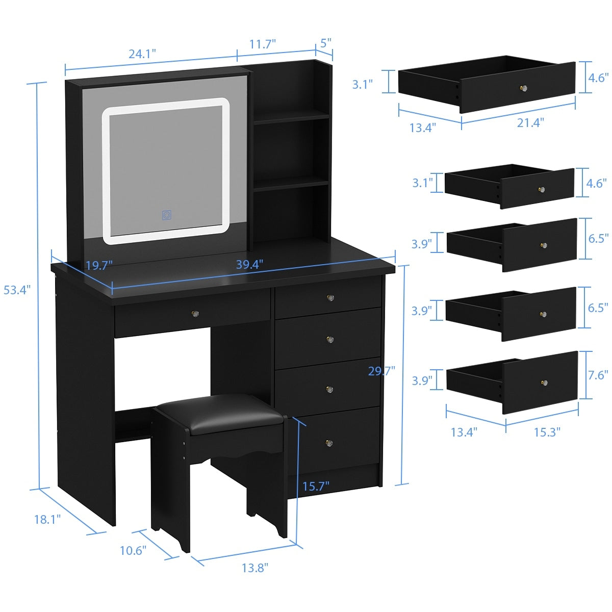 Ensemble de coiffeuse de maquillage Kerrogee avec miroir éclairé réglable et tabouret - 39,4L x 19,7l x 53,5H