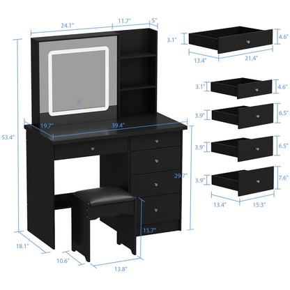 Ensemble de coiffeuse de maquillage Kerrogee avec miroir éclairé réglable et tabouret - 39,4L x 19,7l x 53,5H