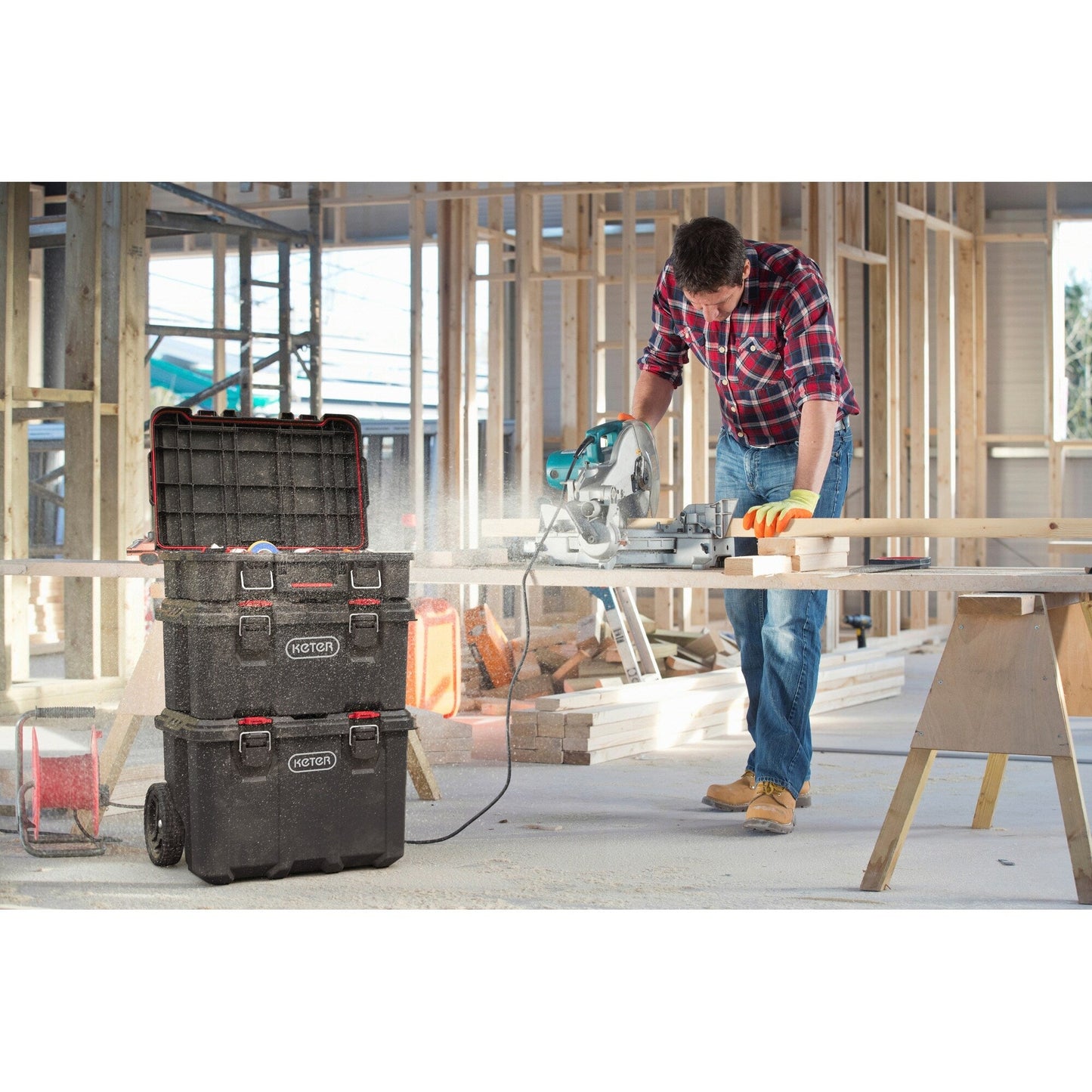 Keter Stack-n-Roll, système de rangement et d'organisation d'outils mobile 3 pièces, coffre à outils modulaire en résine durable