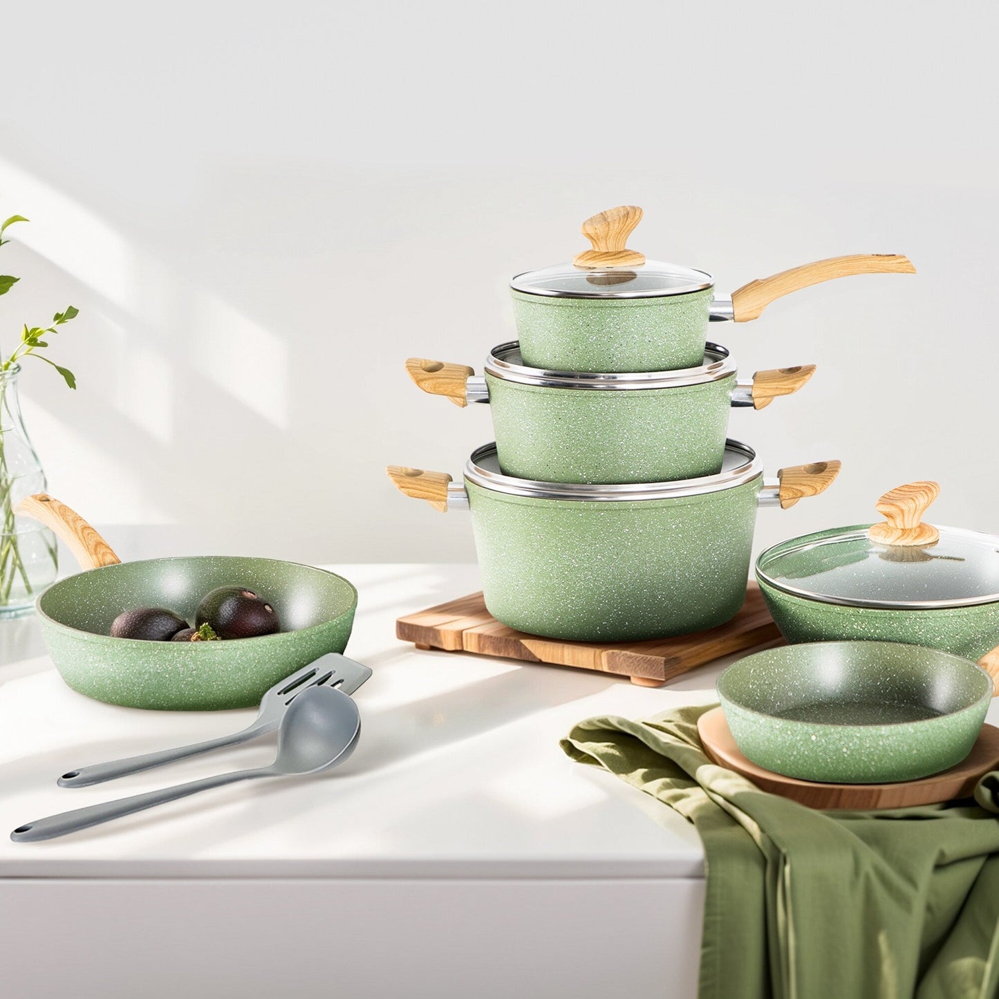 Ensemble de casseroles et poêles antiadhésives, ensemble de cuisine en granit, 12 pièces.