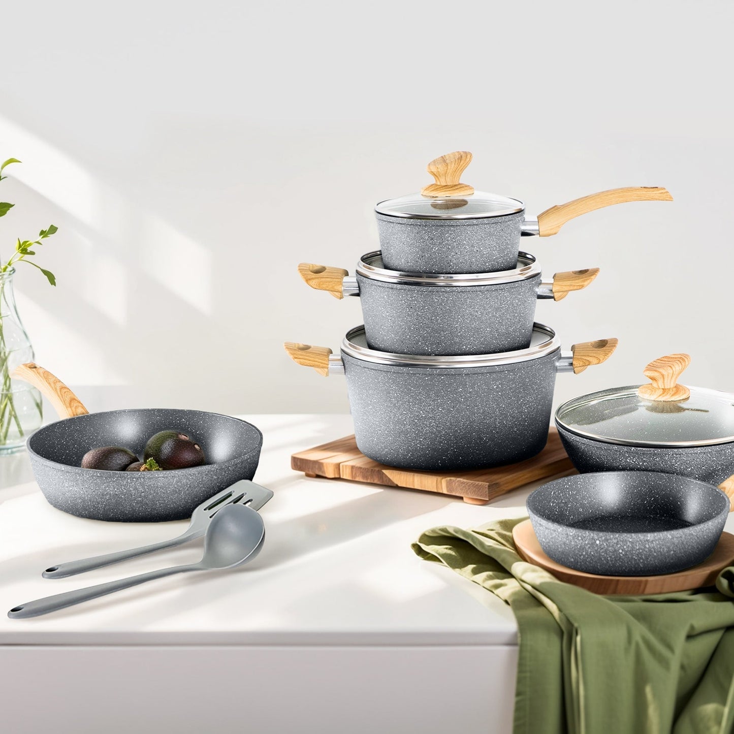 Ensemble de casseroles et poêles antiadhésives, ensemble de cuisine en granit, 12 pièces.