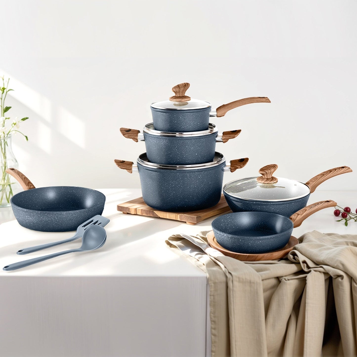 Ensemble de casseroles et poêles antiadhésives, ensemble de cuisine en granit, 12 pièces.