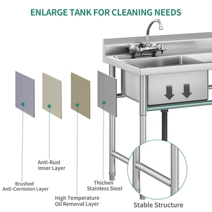 Évier de cuisine en acier inoxydable, cuve à compartiments, évier commercial autoportant