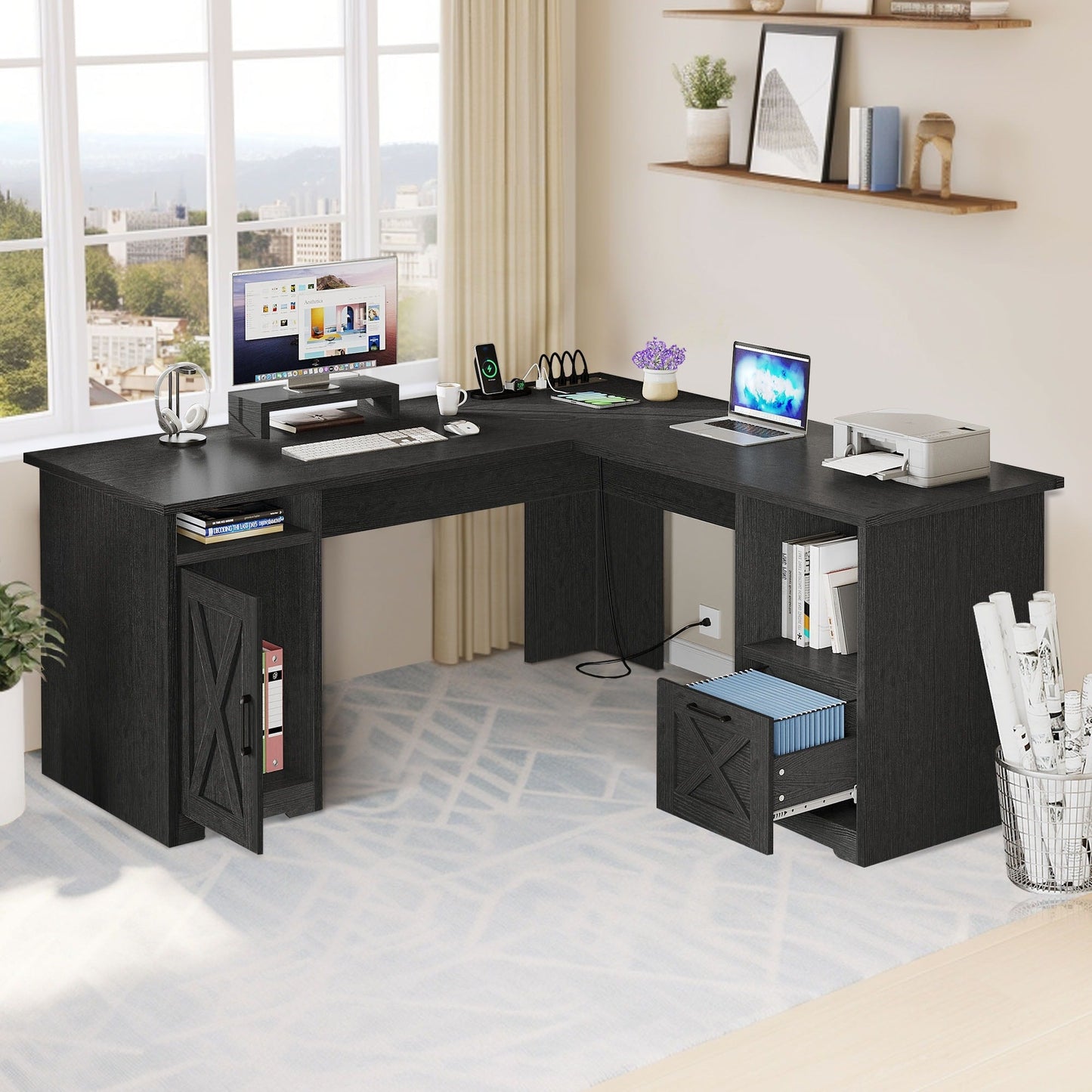 Bureau de jeu en forme de L Moasis, bureau d'ordinateur d'angle de 59 pouces avec support de moniteur