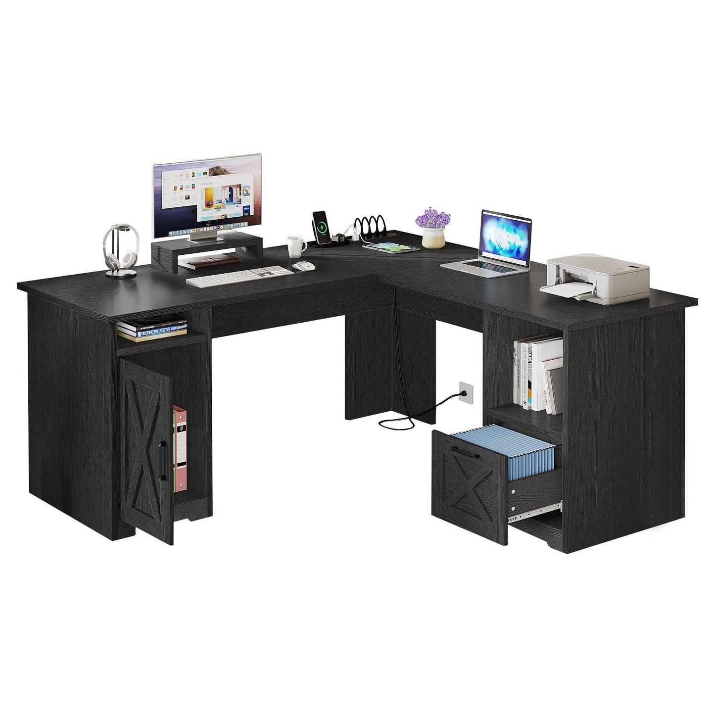 Bureau de jeu en forme de L Moasis, bureau d'ordinateur d'angle de 59 pouces avec support de moniteur