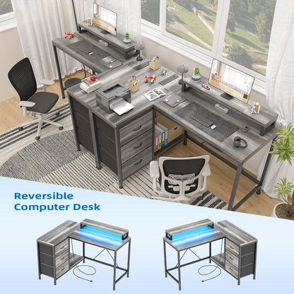 Bureau en forme de L avec prises électriques et lumières LED