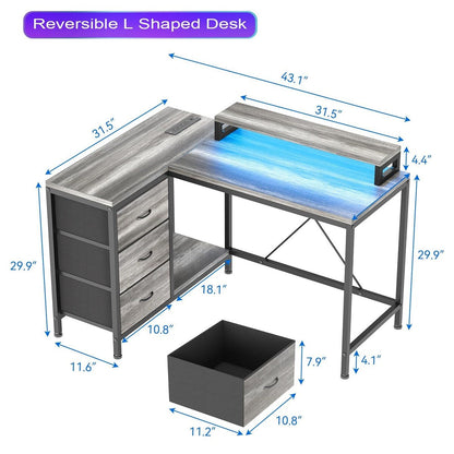 Bureau en forme de L avec prises électriques et lumières LED