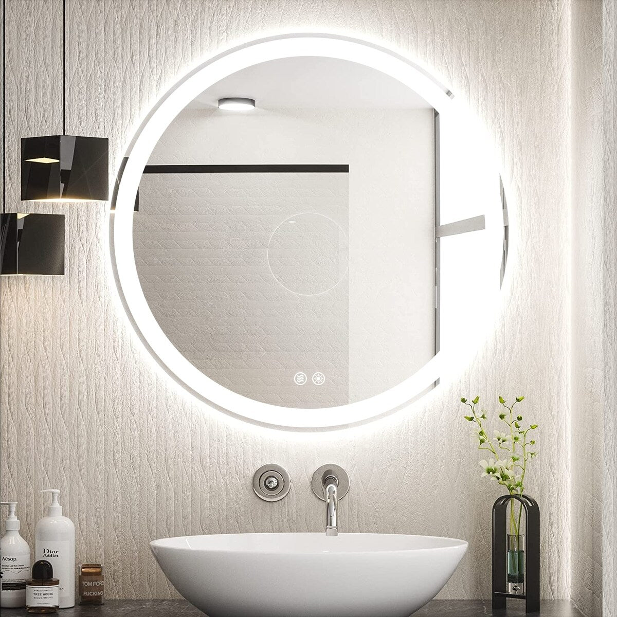Miroir de coiffure rond sans cadre, à éclairage LED, avec fonction de gradation et anti-buée.