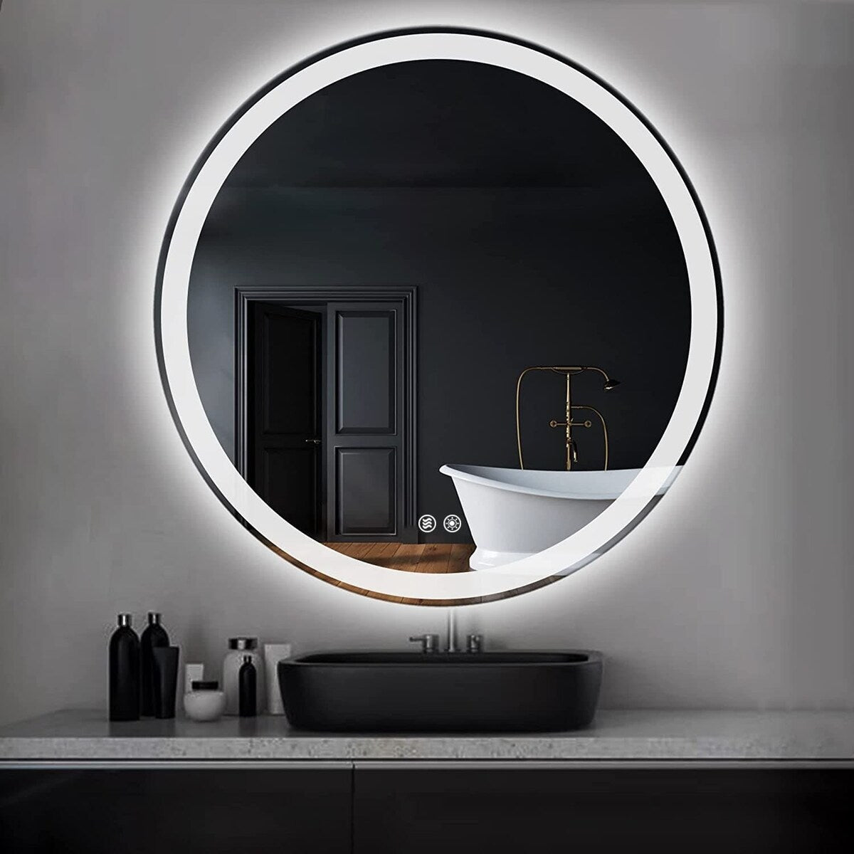 Miroir de coiffure rond sans cadre, à éclairage LED, avec fonction de gradation et anti-buée.