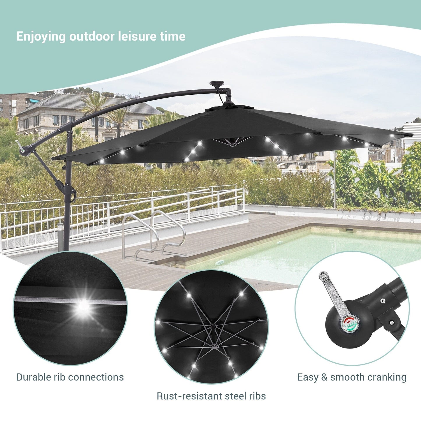 Parasol de jardin déporté LIVOOSUN 10 pieds avec base en croix et éclairage LED