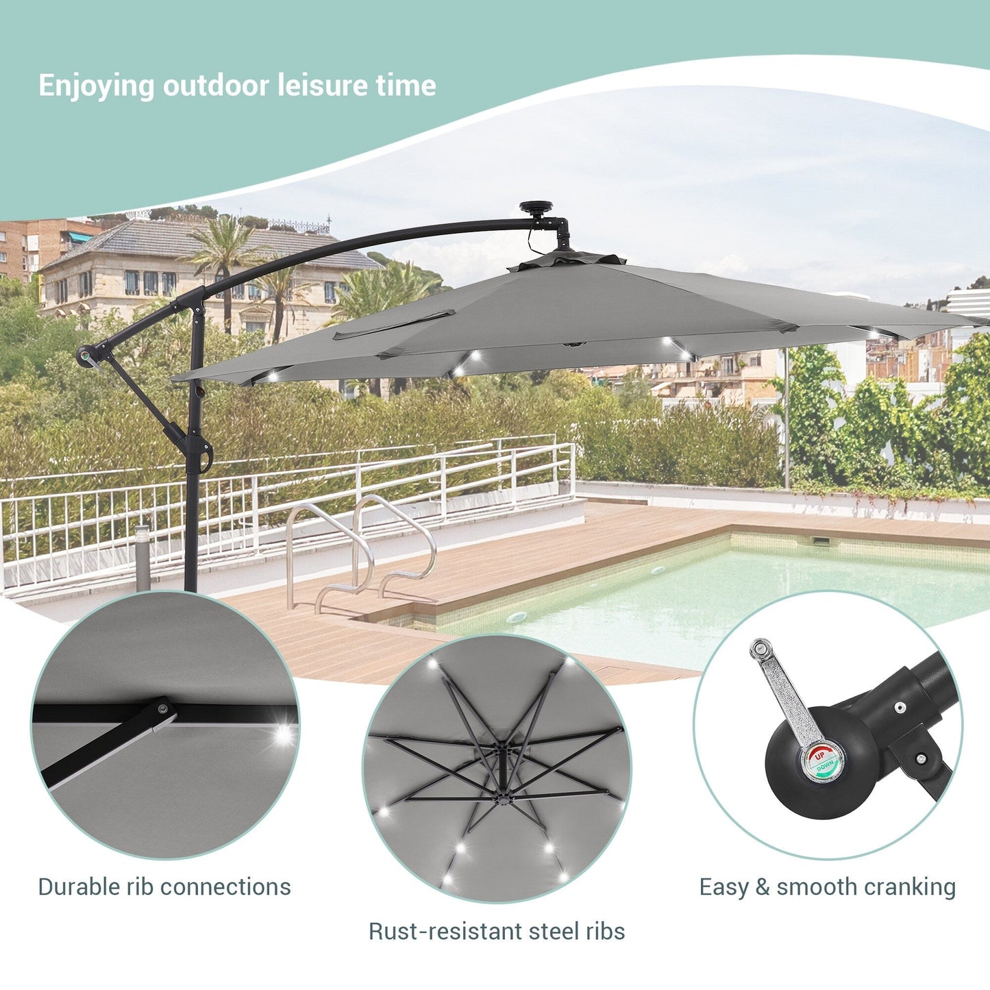 Parasol de jardin déporté LIVOOSUN 10 pieds avec base en croix et éclairage LED