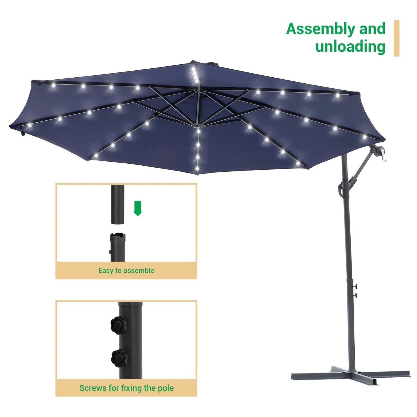 Parasol de jardin déporté LIVOOSUN 10 pieds avec base en croix et éclairage LED