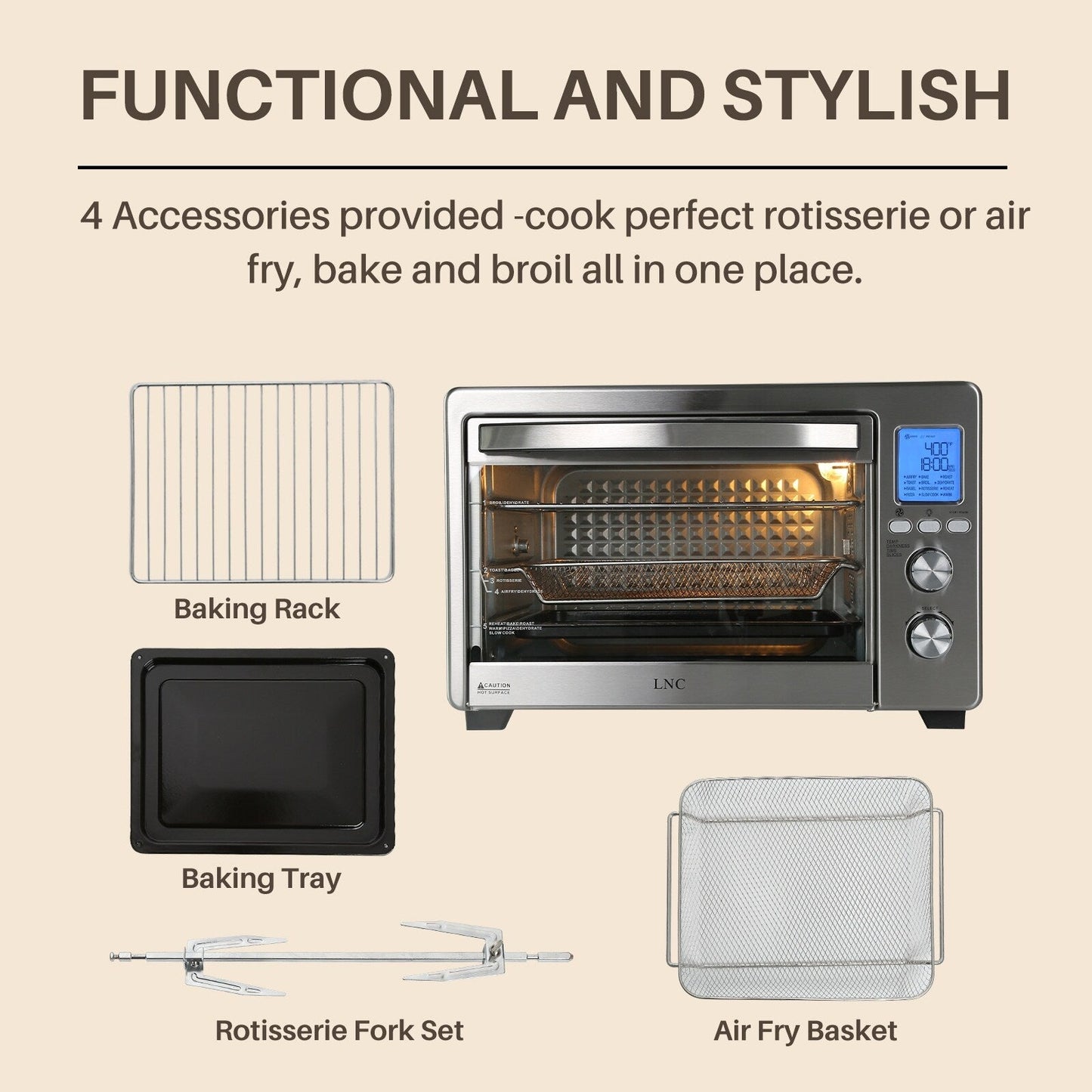 Four à convection, rotisserie et friteuse à air LNC 12-en-1, grand modèle de 34 QT pour comptoir - 19,5 L x 15 l x 12,5 H (cm)