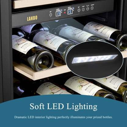 Lanbo Cave à vin autoportante à double zone de 20 pouces pouvant contenir 64 bouteilles, avec porte vitrée à cadre en acier inoxydable et deux serrures de sécurité.
