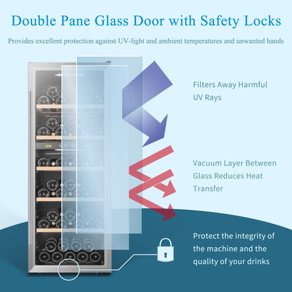 Lanbo Cave à vin autoportante à double zone de 20 pouces pouvant contenir 64 bouteilles, avec porte vitrée à cadre en acier inoxydable et deux serrures de sécurité.