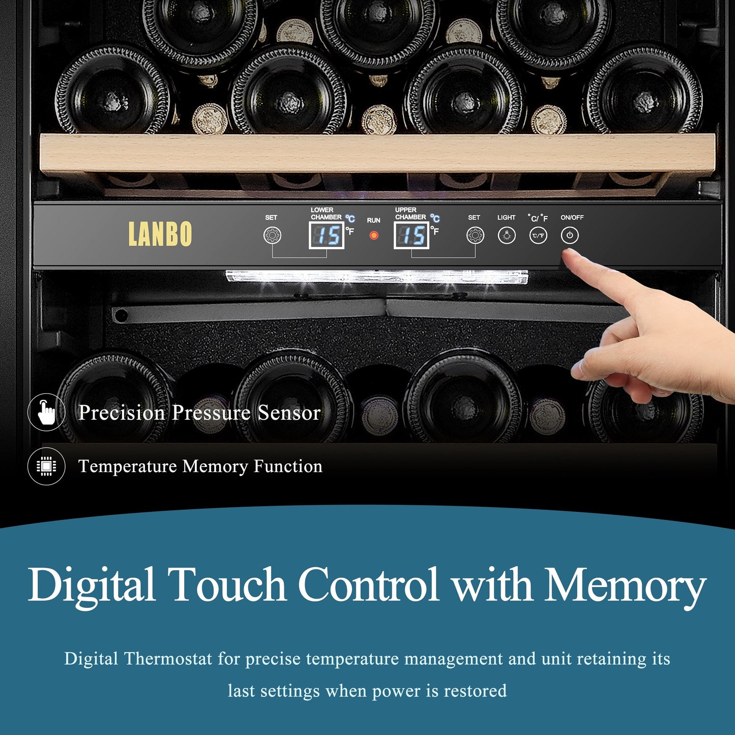 Lanbo Cave à vin autoportante à double zone de 20 pouces pouvant contenir 64 bouteilles, avec porte vitrée à cadre en acier inoxydable et deux serrures de sécurité.