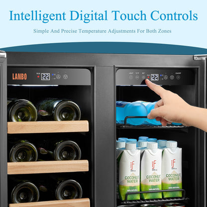 Lanbo Réfrigérateur à vin et à boissons de 24 pouces à double zone, pouvant contenir 18 bouteilles de vin et 55 canettes, en acier inoxydable et verre avec porte à ouverture française.