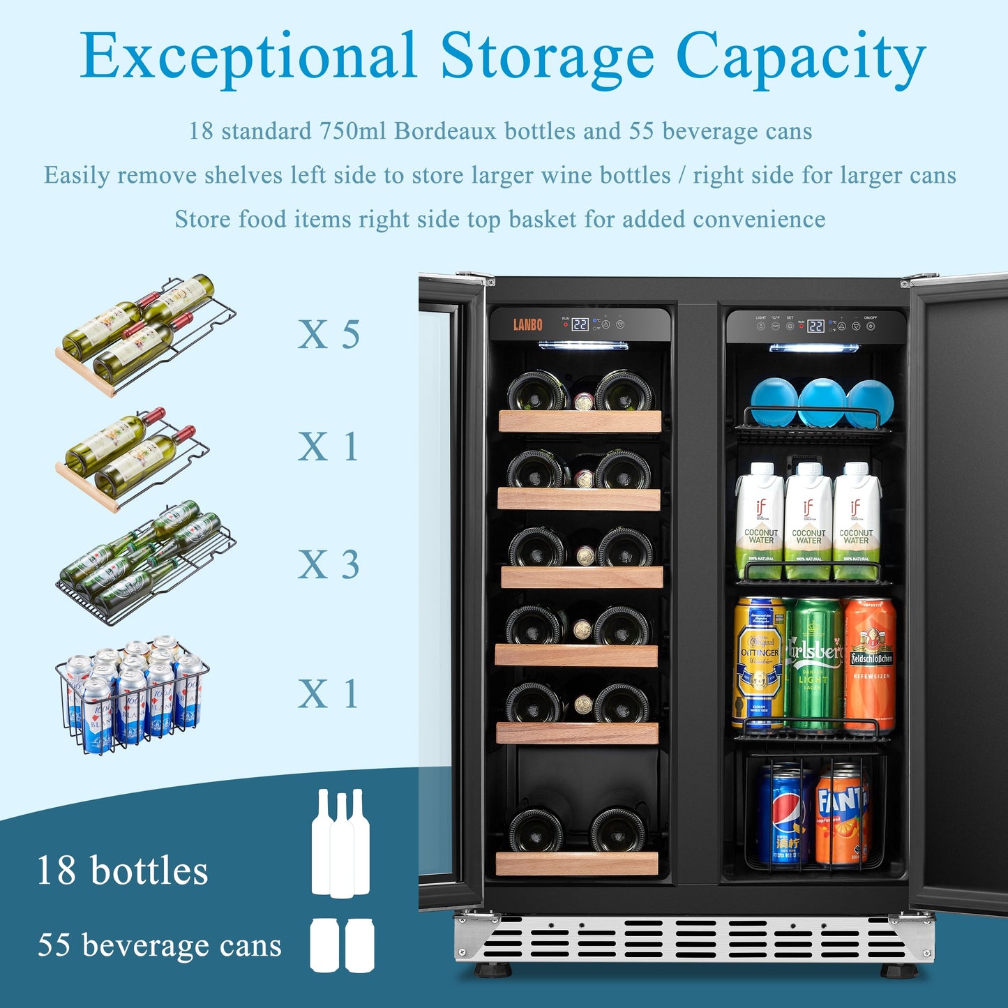 Lanbo Réfrigérateur à vin et à boissons de 24 pouces à double zone, pouvant contenir 18 bouteilles de vin et 55 canettes, en acier inoxydable et verre avec porte à ouverture française.