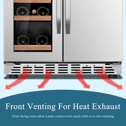 Lanbo Réfrigérateur à vin et à boissons de 24 pouces à double zone, pouvant contenir 18 bouteilles de vin et 55 canettes, en acier inoxydable et verre avec porte à ouverture française.