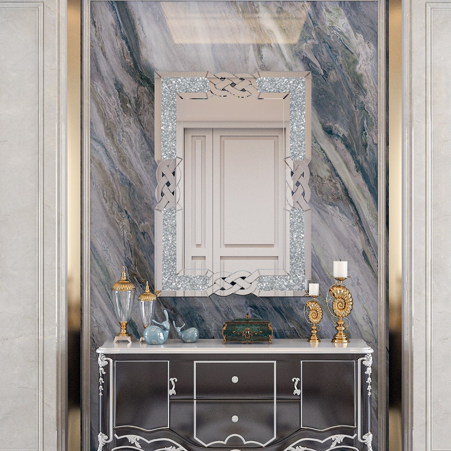 Grand miroir mural rectangulaire à facettes avec perles de cristal, à assembler.