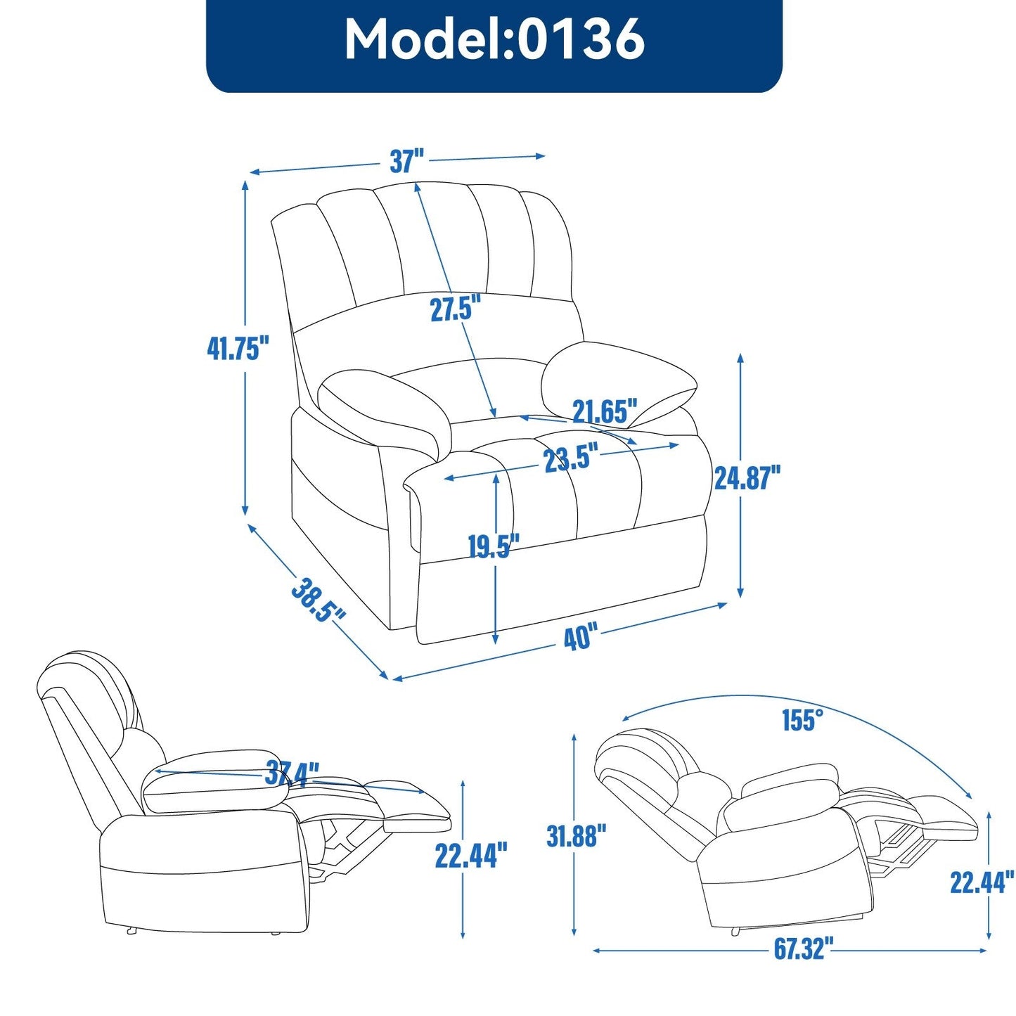 Grand fauteuil inclinable manuel pour adulte, confortable canapé inclinable individuel en tissu, fauteuil inclinable surrembourré pour salon.