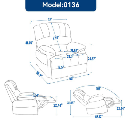 Grand fauteuil inclinable manuel pour adulte, confortable canapé inclinable individuel en tissu, fauteuil inclinable surrembourré pour salon.