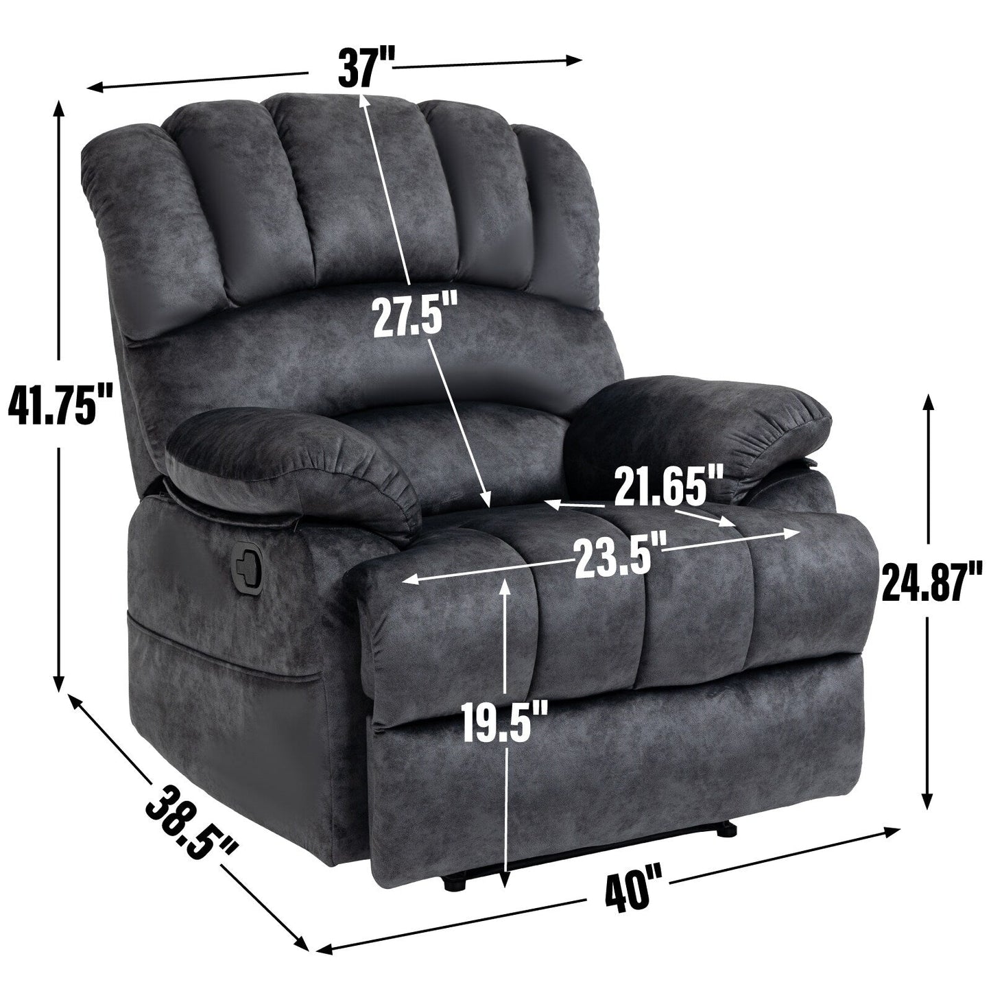 Grand fauteuil inclinable manuel pour adulte, confortable canapé inclinable individuel en tissu, fauteuil inclinable surrembourré pour salon.
