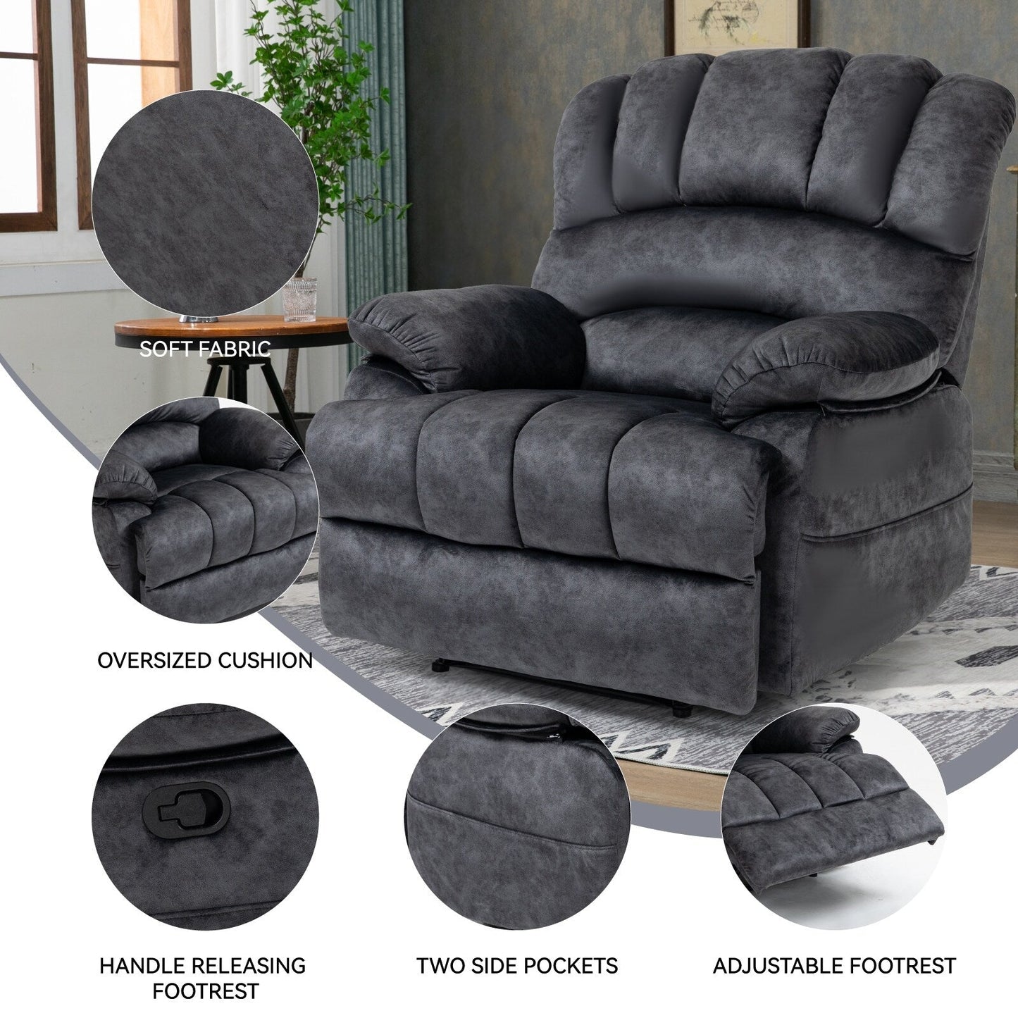 Grand fauteuil inclinable manuel pour adulte, confortable canapé inclinable individuel en tissu, fauteuil inclinable surrembourré pour salon.