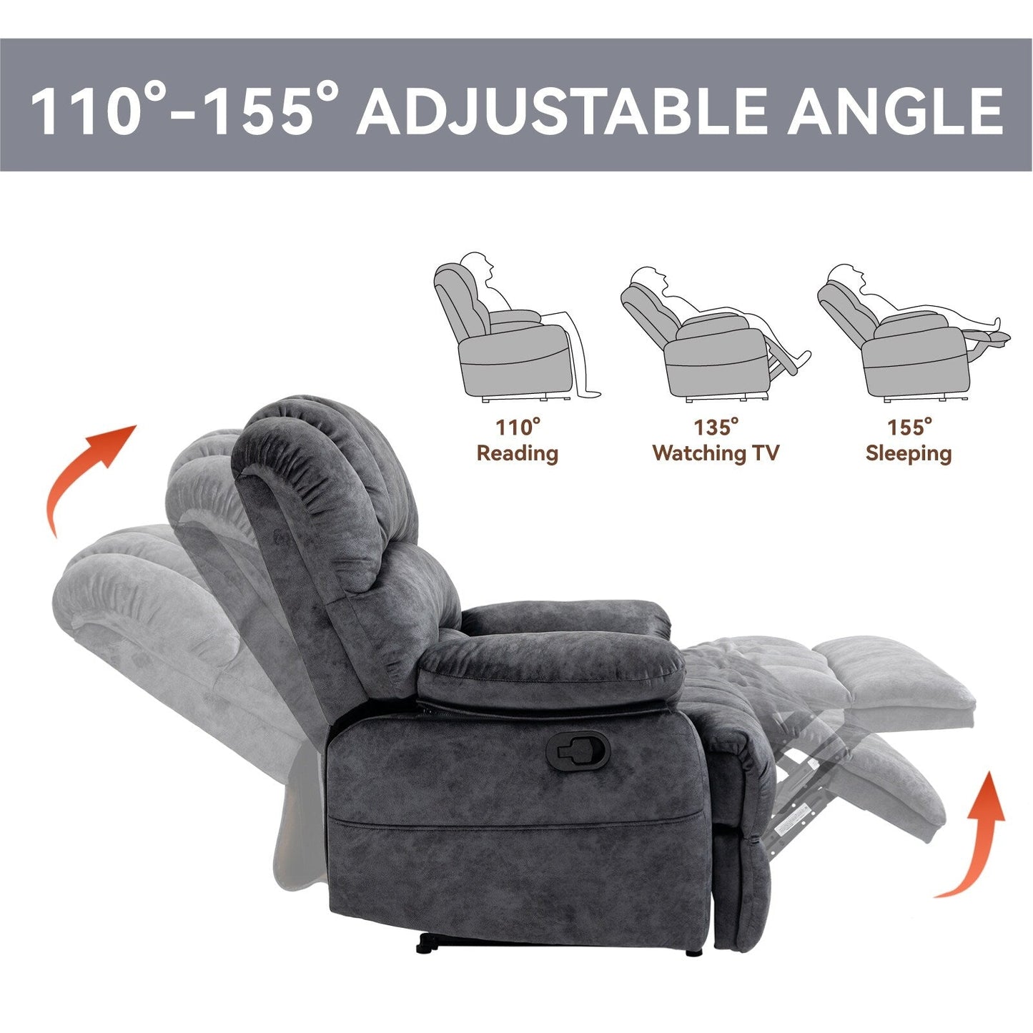 Grand fauteuil inclinable manuel pour adulte, confortable canapé inclinable individuel en tissu, fauteuil inclinable surrembourré pour salon.