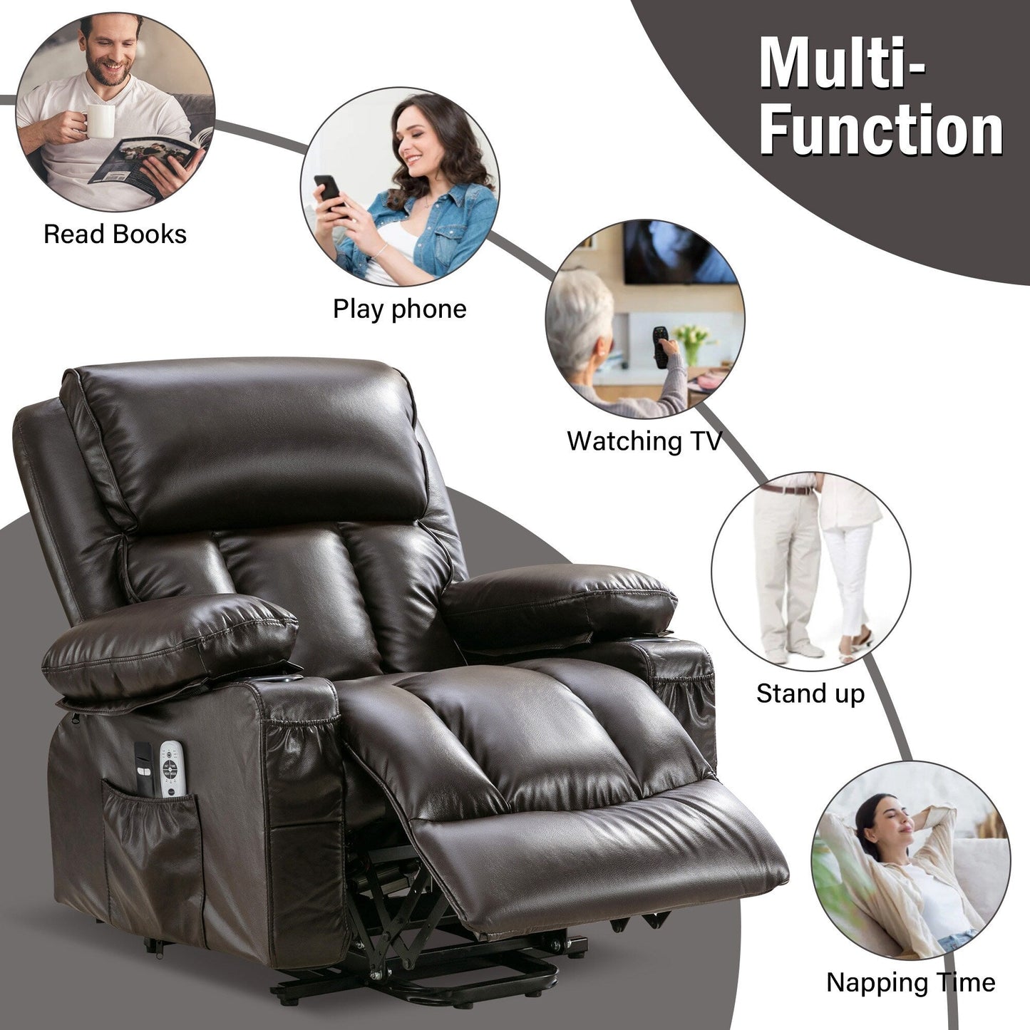 Grand fauteuil inclinable à levage électrique avec fonction de chauffage et massage à 8 points - Télécommande, port USB