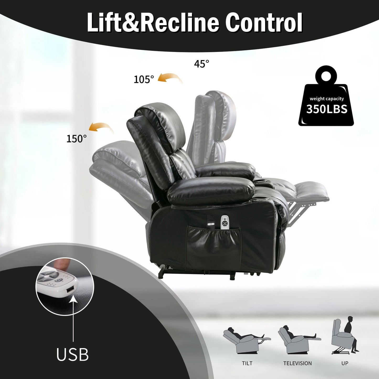 Grand fauteuil inclinable à levage électrique avec fonction de chauffage et massage à 8 points - Télécommande, port USB