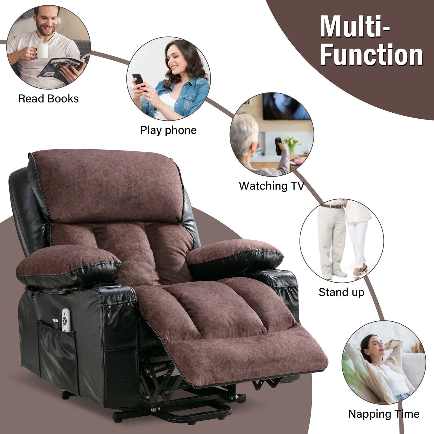 Grand fauteuil inclinable à levage électrique avec fonction de chauffage et massage à 8 points - Télécommande, port USB