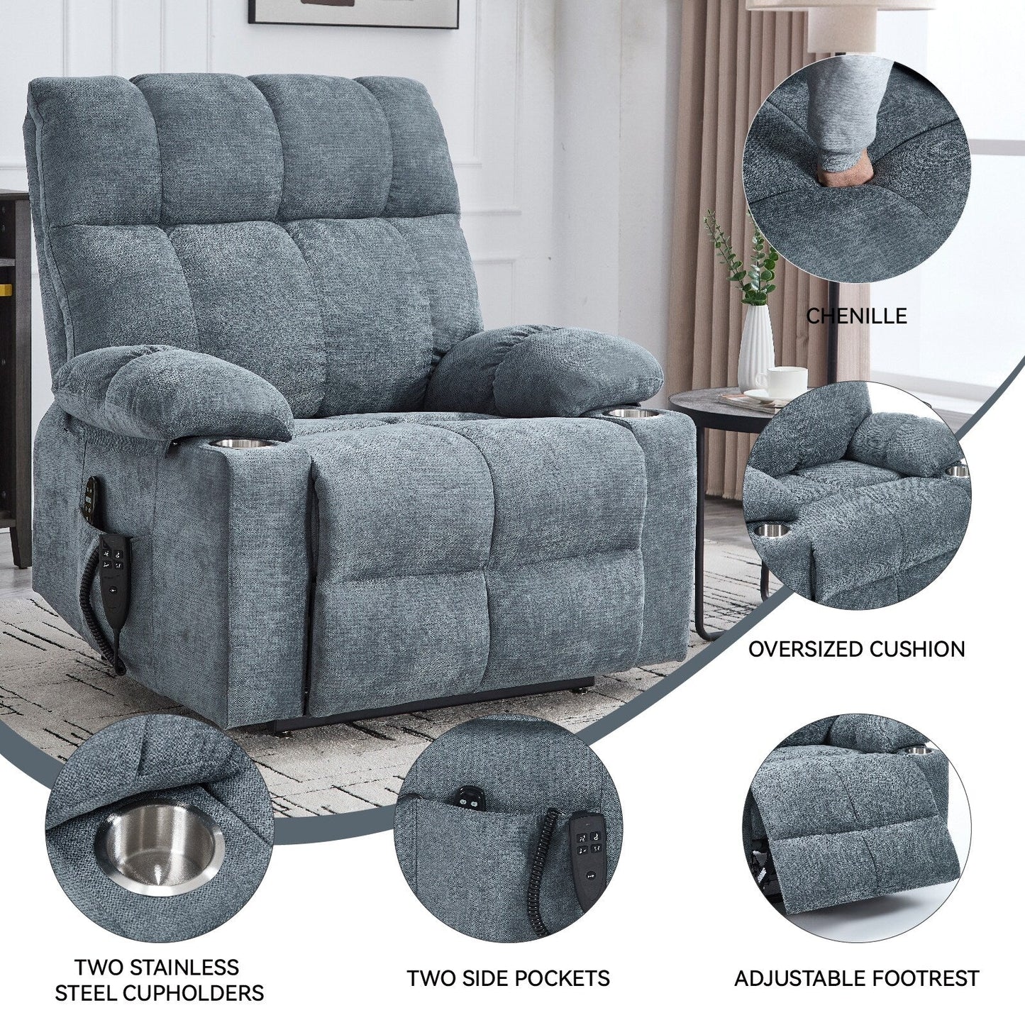 Fauteuil inclinable électrique à double moteur Lazy Boy en chenille avec massage et chauffage lombaire, double porte-gobelets, gris-bleu