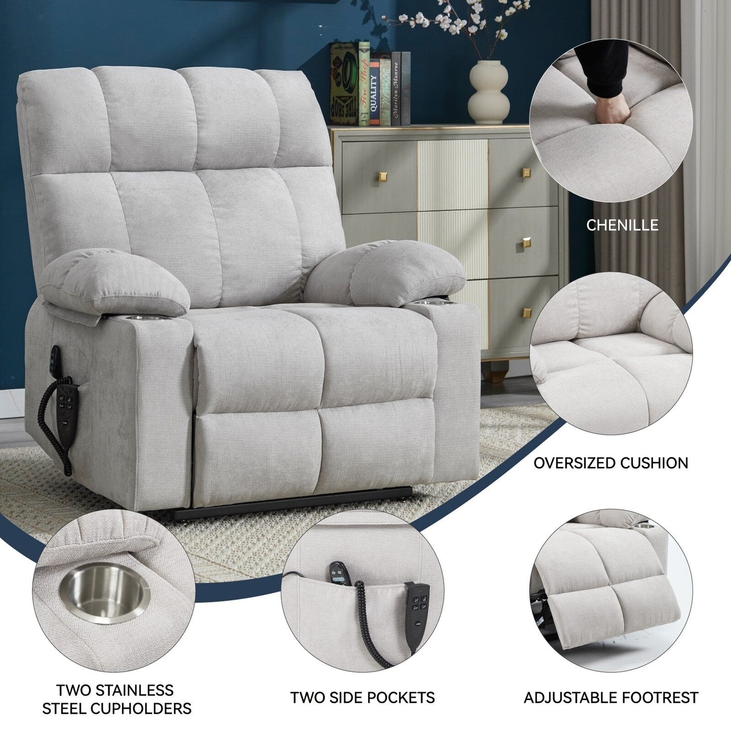 Fauteuil inclinable électrique à double moteur Lazy Boy en chenille avec massage et chauffage lombaire, double porte-gobelets, gris-bleu