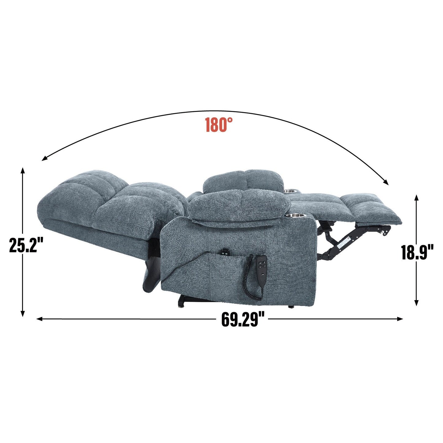Fauteuil inclinable électrique à double moteur Lazy Boy en chenille avec massage et chauffage lombaire, double porte-gobelets, gris-bleu