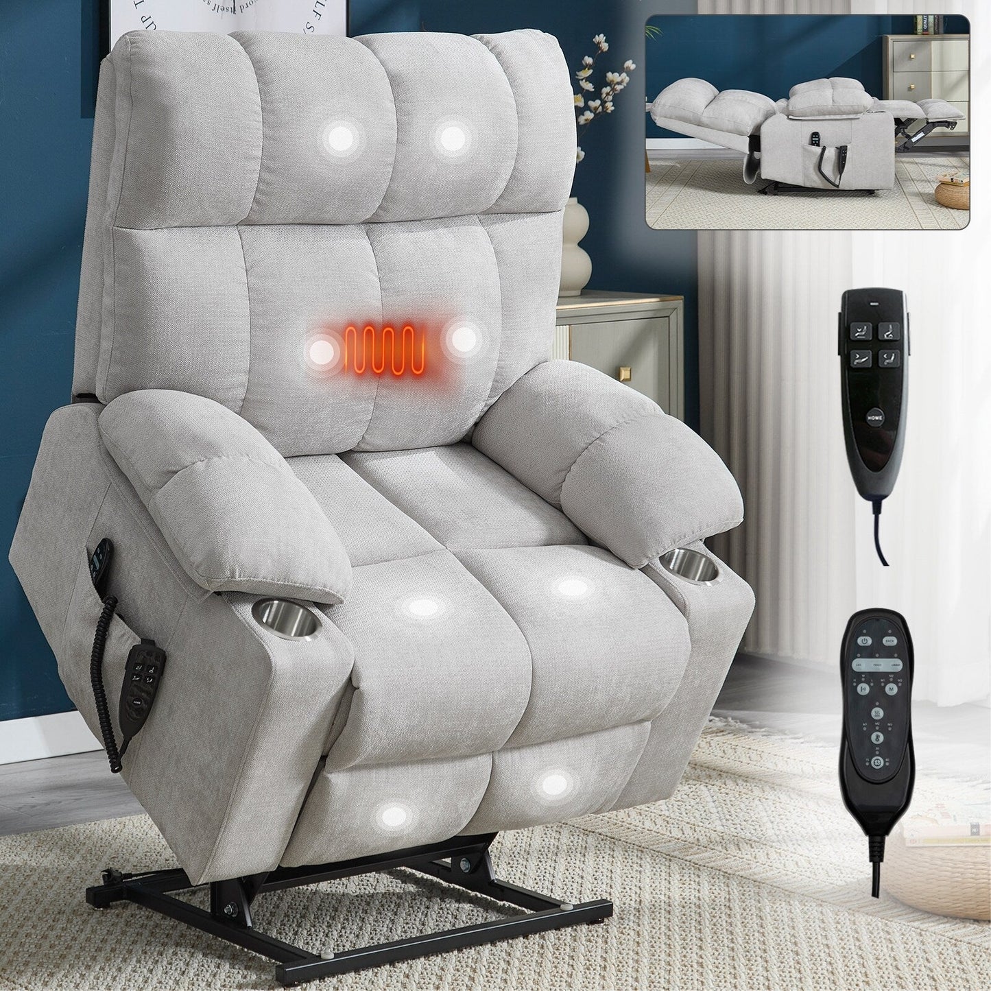 Fauteuil inclinable électrique à double moteur Lazy Boy en chenille avec massage et chauffage lombaire, double porte-gobelets, gris-bleu