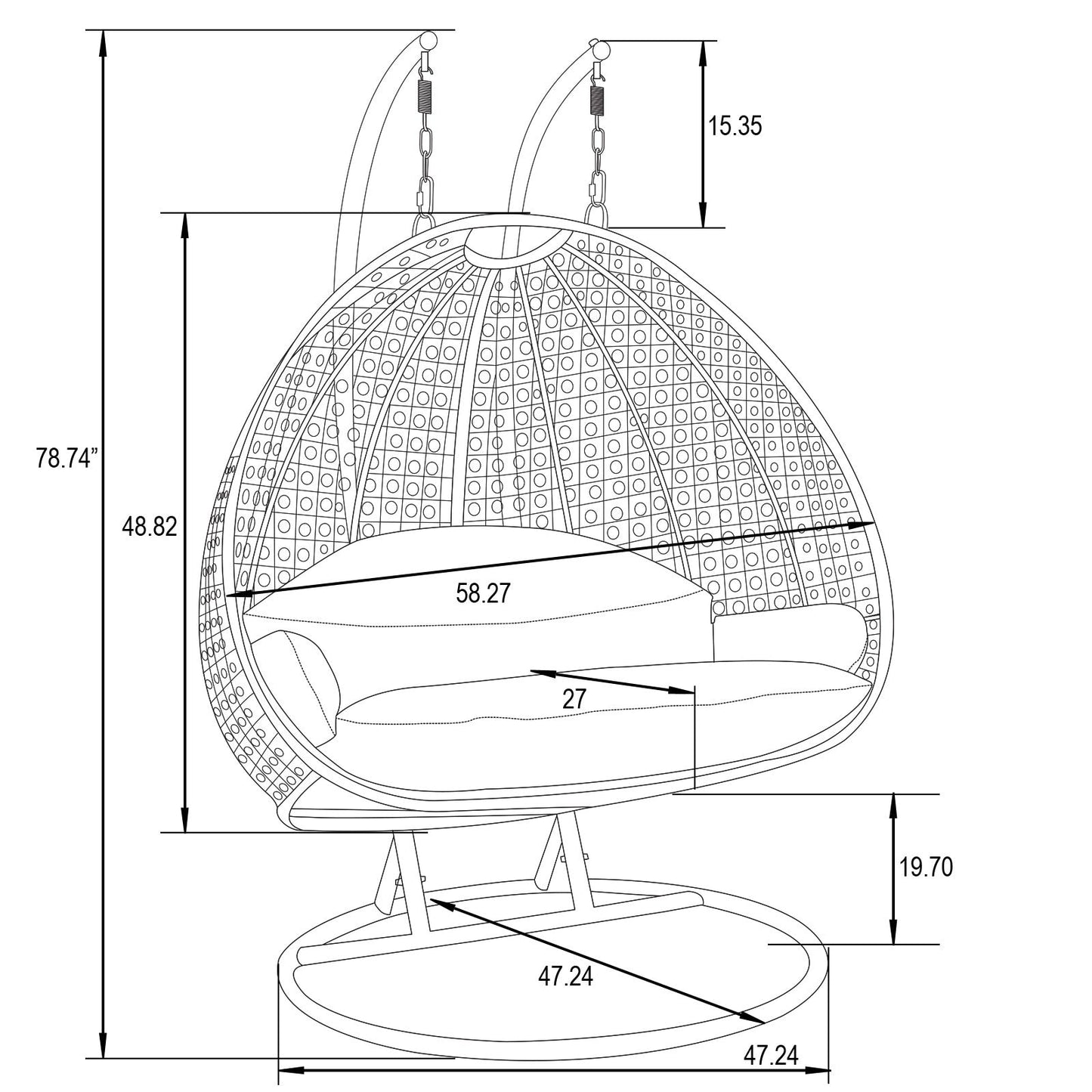 Chaise suspendue en forme d'œuf pour 2 personnes LeisureMod avec support - Hamac balançoire en rotin tressé pour intérieur/extérieur avec coussins