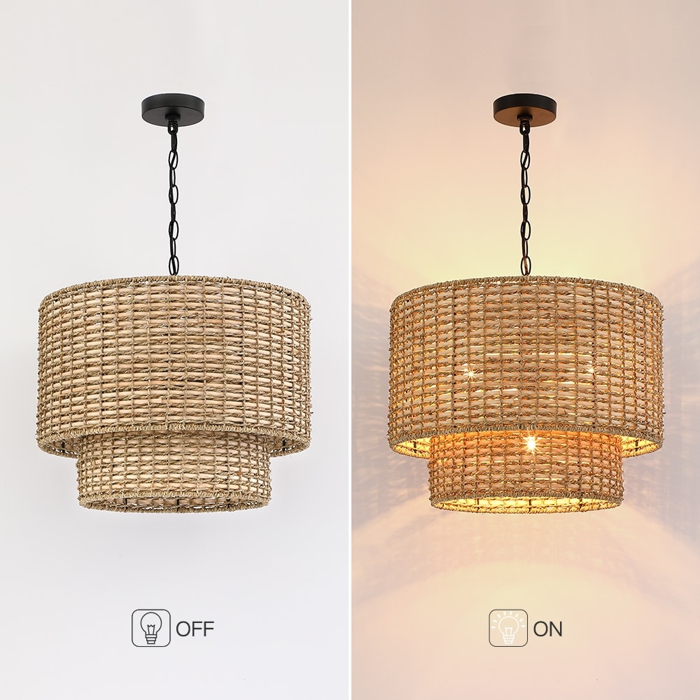 Luminaire à suspension à plusieurs niveaux en rotin Lennie, 4 lumières, 50 cm (20 po), avec abat-jour noir - 50 cm (20 po) L - 50 cm (20 po) L